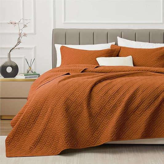 EXQ Home Quilt Set Queen Size Summer Squares Pattern Umber Bedspread | Bedding Set For All Season Use, Soft & Breathable Coverlet,3-Piece Set Includes 2 Shams, Machine Washable