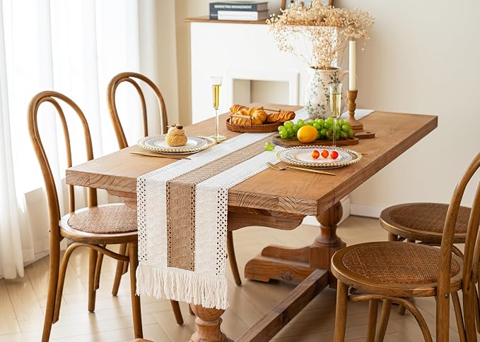 FEXIA Boho Table Runner for Fall Home Decor 12x72 Burlap with Tassels | 72 Inches Long Farmhouse Kitchen Dining Room Macrame Burlap Coffee Table Decoration Dresser Runner Pottery Barn Furniture