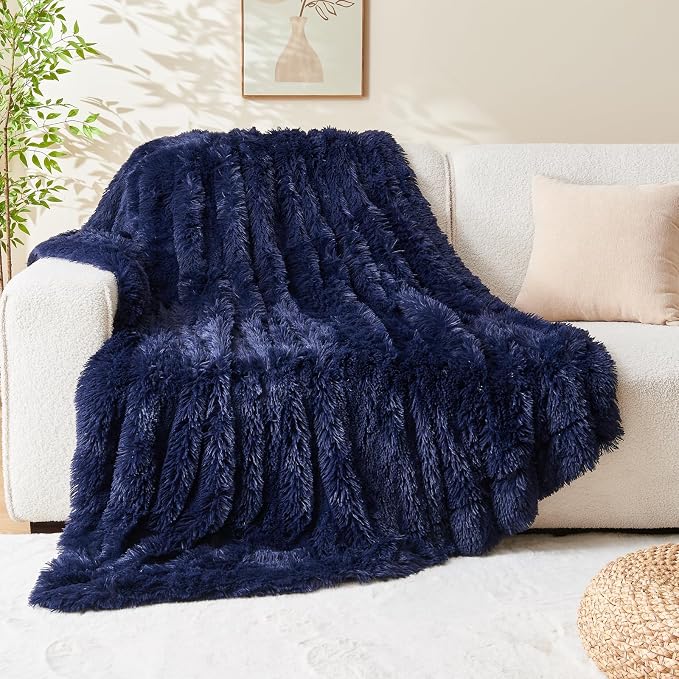 GONAAP Fuzzy Faux Fur Throw Blanket for Couch, Dark Navy, 50"x60" | Warm Cozy Plush Shaggy Decorative Reversible Thick Non-Heated Fleece Blanket for Sofa Bed, Gift for Women Men, All Season Use