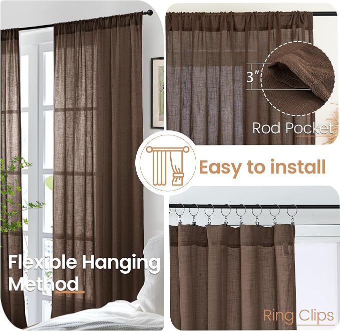 BGment Brown Linen Curtains 72 Inches Long for Living Room, Window Drapes Rustic Textured Semi Sheer for Farmhouse Beroom Dining Room Decor Rod Pocket Lightweight, 2 Panels Set, Each 52 Inch Wide