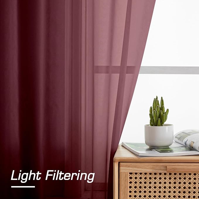 Simplebrand Red Sheer Curtains 63 Inch Length 2 Panels, Rod Pocket Solid Color Window Sheer Curtain Panels, Elegant Curtains & Drapes for Living Room, Bedroom 2 Panels (Burgundy, 42" W x 63" L)