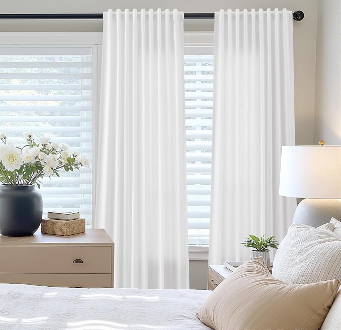 Linen Curtains 54 Inch Length for Kitchen Back Tab Rod Pocket Semi Sheer Light Filtering Short Mini Curtain Boho Modern Farmhouse Drapes for Bath Room Cafe Solid Living Room 52Wx54L White 2 Panels