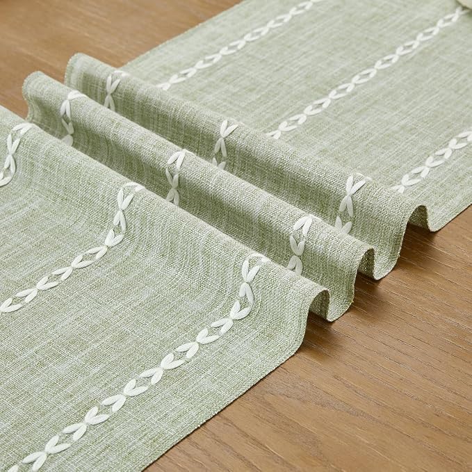 Wracra Rustic Linen Table Runner, Sage Green Table Runners 108 inches Long | Raised Embroidered Design and Hand-Tassels;Cotton Linen Woven Fabric; Farmhouse Table Runner;Home Kitchen Dining Decor