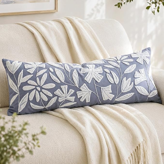 BlissBlush Long Lumbar Pillow Cover 14x36 for Bed, Coastal Dusty Blue Floral Tufted Velvet Accent Oversize Throw Pillowcase for Bedroom, Cover Only