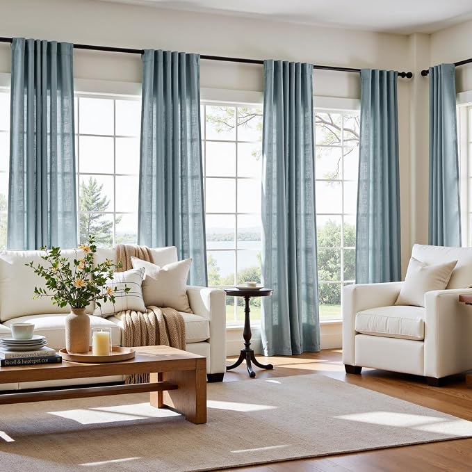 jinchan Custom Size Curtain Blue Linen Blend Curtain 1 Panel for Bedroom Living Room, Light Filtering Farmhouse Drape with Rod Pocket Back Tab (Blue)