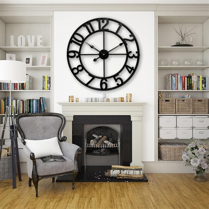 CLXEAST Silent 24 Inch Wall Clocks for Living Room Decor,Arabic Numeral | Non Ticking, Matt Black,Thicker Metal Wall Clock for Dinning Room,Entryway,Home Office & Fireplace Decor