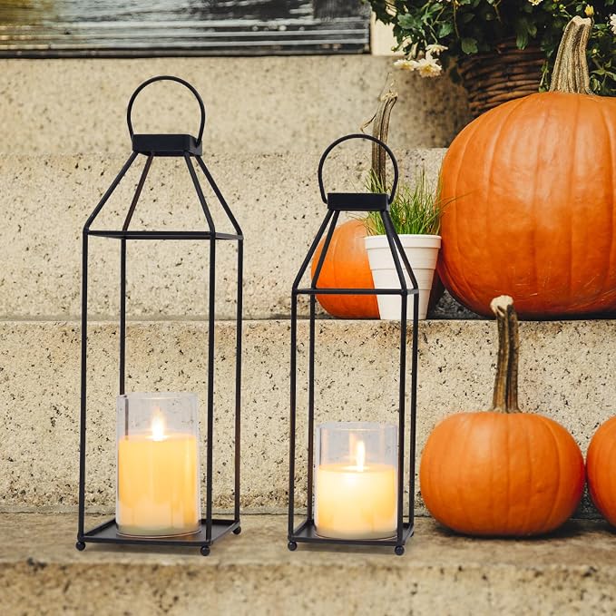 Lanterns Decorative Outdoor 2PCS Front Porch Decor Lantern with LED Candles | Black Metal Decor lantern for Home Decor Patio Fireplace Mantle or Table Centerpiece Halloween Christmas Lantern Decor