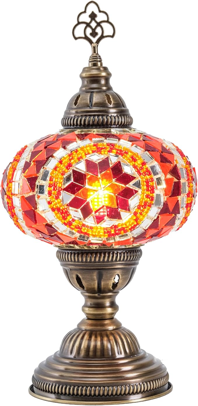 Turkish Mosaic Desk Lamp with Bulb – Orange Red Tiffany-Style Glass, Vintage Bohemian Bedside & Salon Decorative Light with E12 Socket & US Plug