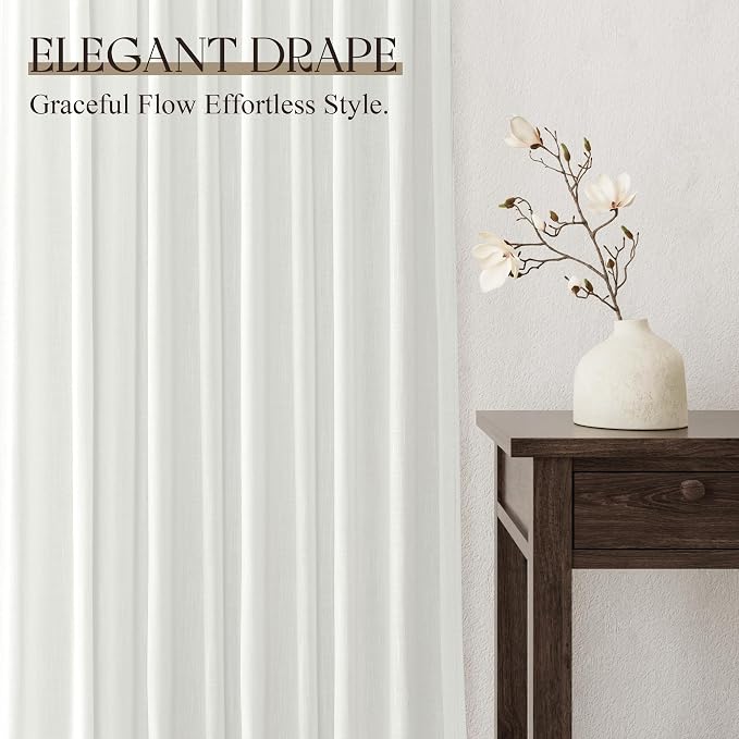 Jowels Ivory Linen Curtains 102 Inch Long 2 Panels for Living Room | White Light Filtering Semi Sheer Curtain,Back Tab Pocket Pleated Look,Farmhouse Textured Privacy Drapes for Bedroom Window