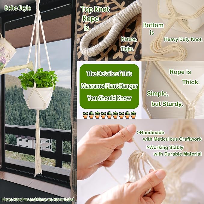 4 Pack Macrame Plant Hangers Indoor Set Large Crochet Hanging Holder, Ivory