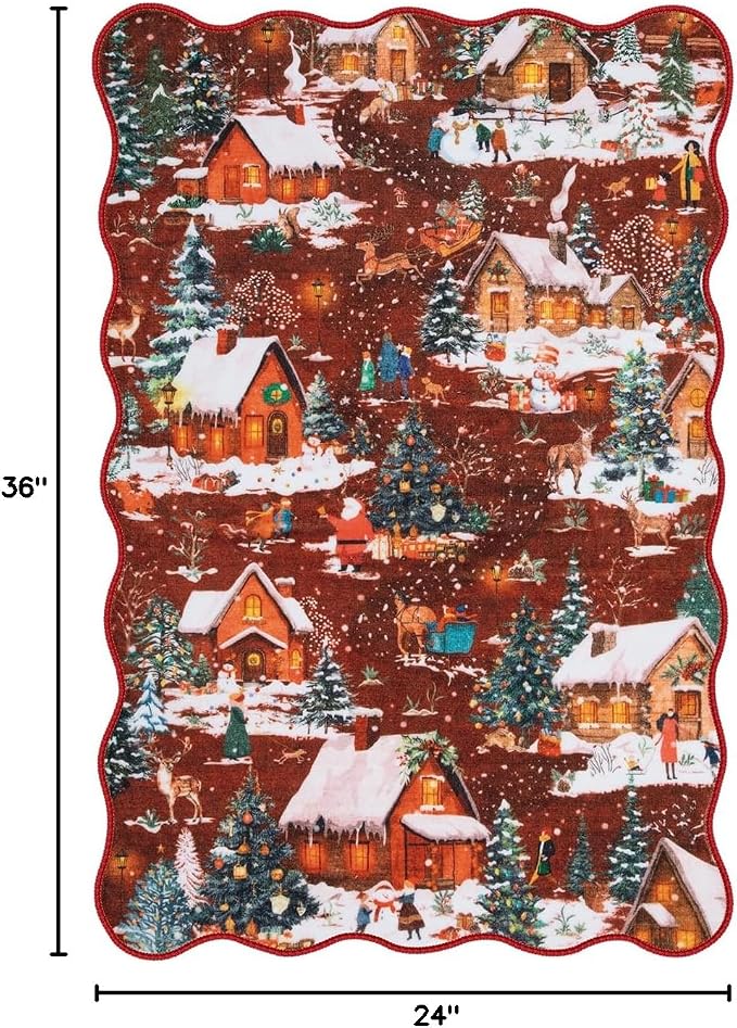 Wonnitar Christmas 2x3 Entryway Rug, Non Slip Washable Small Kitchen Rugs, Soft Christmas Winter Reindeer Door Mat Indoor Entrance, Scalloped Area Rug for Bathroom Bedside Holiday Decor (Red,2'x3')