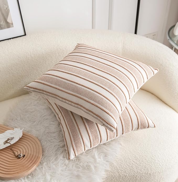 Cethom Decorative Boho Throw Pillow Covers, Farmhouse Textured Pillow Case, 20 x 20 Inch Set of 2, Chair Sofa Bedroom Living Room Home Decor Couch Cushion Case, Brown and Beige Striped