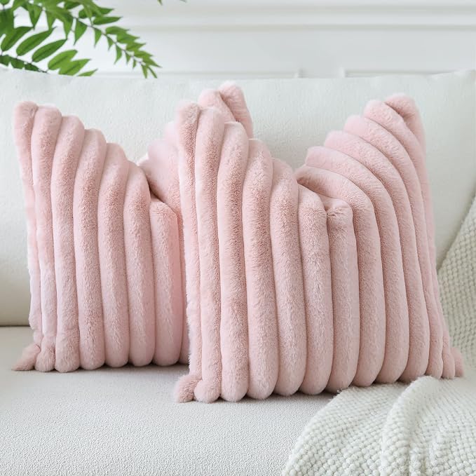 Soleebee Set of 2 Throw Pillow Covers Soft Cozy Velvet Pillowcase Faux Rabbit Fur Cover for Couch Sofa Bed Chair Home Decorative Pillows Cover (20x20 Inch, Blush Pink)