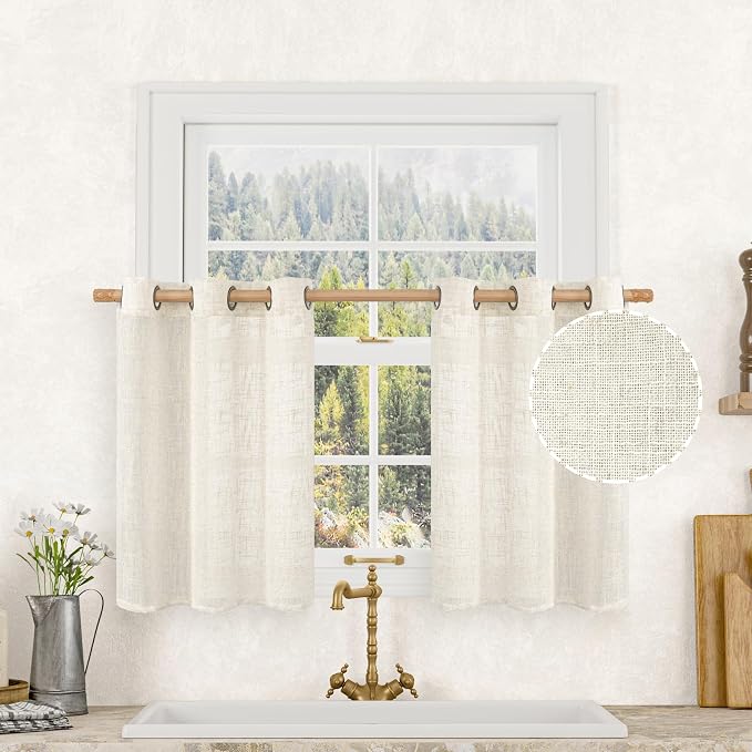 30 Inch Length Cafe Linen Curtains for Small Window, Cream Ivory | Semi Sheer, Light Filtering, Short Curtains, Neutral Drapes for Bathroom, Basement, Bronze Grommet, 2 Panels, 34 x 30 Inch