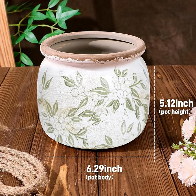 Dosayes Vintage Plant Pot,6.29 inch Green Ceramic Flower Pot with Drainage