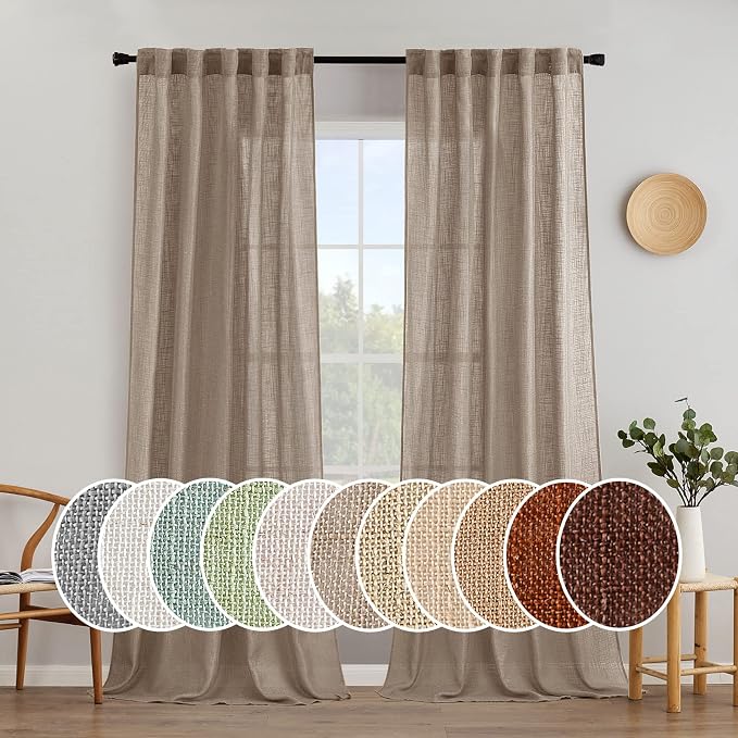 MIULEE Taupe Linen Curtains 52x96 Inch with Textured Linen Window Drapes | Curtains for Bedroom Living Room, Semi Sheer Light Filtering, Back Tab Rod Pocket, Burlap Look Farmhouse Decor, 2 Panels