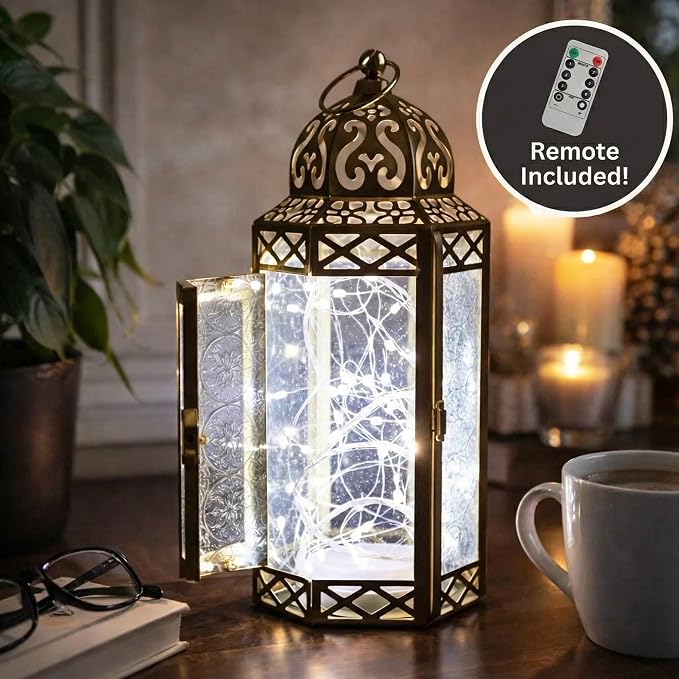 Vela Lanterns Decorative Indoor Fairy Light Ramadan Candle Holder, Gold, M | Eid Mubarak & Wedding Decorations, Turkish Moroccan Metal Hanging Lamp, Table Centerpieces, Outdoor Porch, 10.5" Tall