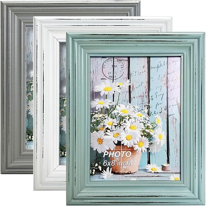 Vintage 6x8 Inches Wooden Picture Frame Pack of 3 Farmhouse Aqua Grey White - Rustic Thick Wood High Definition Glass Photo Frame Outside 8.6x10.6 Inches - 2 Ways Display Tabletop or Wall Mounted