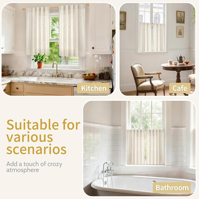 YoungsTex Small Linen Semi Sheer Curtains 36 Inch Length for Kitchen Window | Rustic Short Drapes for Cafe Bathroom Window Over Sink with Rod Pocket Back Tab Light Filtering, 2 Panels, 42 X 36 Inch