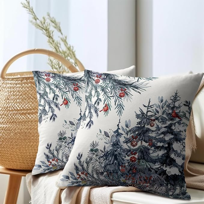 Christmas Tree Throw Pillow Covers 24x24 Inch Set of 2 Winter Watercolor Blue Grey Pine Trees Berry Bells Birds Decorative Pillowcase Xmas Holiday Cotton Linen Cushion Cover for Home Sofa Couch Patio