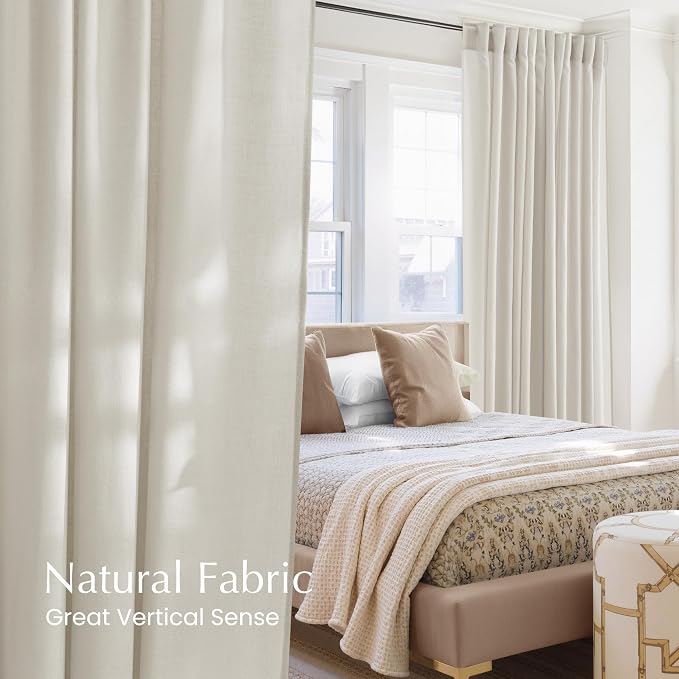 NICETOWN Linen Blend Bone White Curtains 96 inches Long, Rod Pocket & Back Tab Light Filtering Semi Sheer Window Treatments Privacy Added Drapes for Bedroom, W55 x L96, 2 Panels