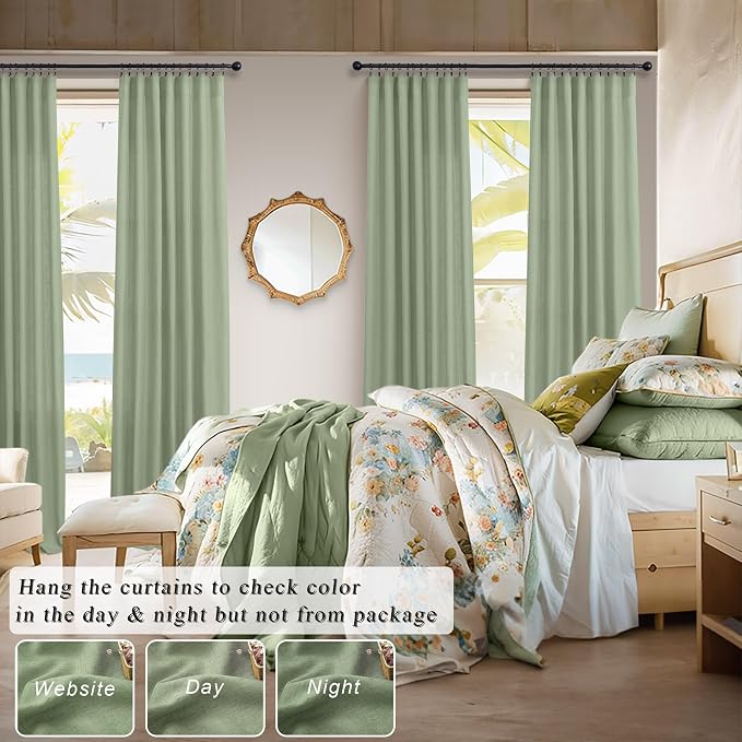 Light Sage Curtains 90 Inches Long for Living Room 2 Panels Back Tab Pocket Linen Drapes Light Filtering Semi Sheer Privacy Pale Sage Green Curtains for Bedroom Boys Boho Farmhouse Decor 52x90 Length
