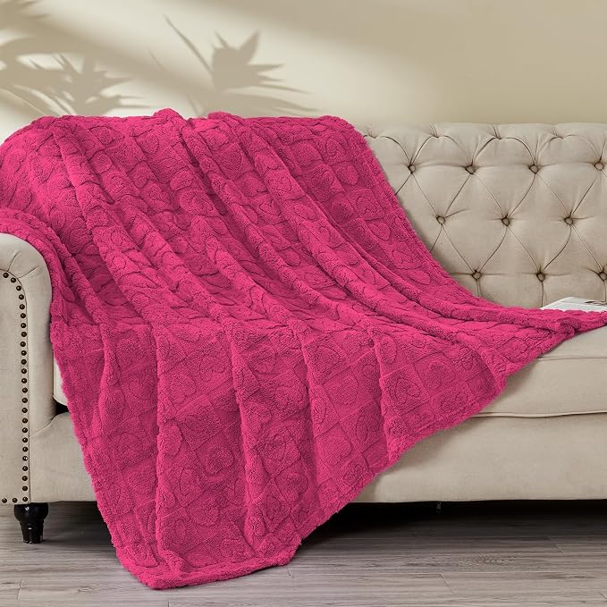 FY FIBER HOUSE Throw Blankets with Heart Checkered,Soft Warm Blankets for Lover Mom Father Gifts,Washable Lightweight Fuzzy Blanket for Couch Sofa Bed Office All Season(Hot Pink,90"x90")