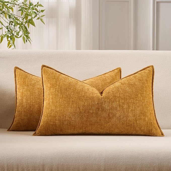 JUSPURBET Gold 16x24 Throw Pillow Covers Set of 2 Decorative Pillow Covers for Couch Sofa Bed Cozy Chenille Lumbar Cushion Covers Cases with Invisible Zipper for Living Room Home Decor
