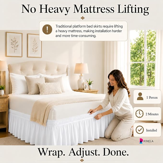White Bed Skirt Queen Size 18 Inch Drop, Elastic Wrap Around Bedskirt | Solid Ruffled, Easy to Use, No Mattress Lifting, Wrinkle & Fade Resistant, with Adhesive Strips, Machine Wash/Dry/Iron