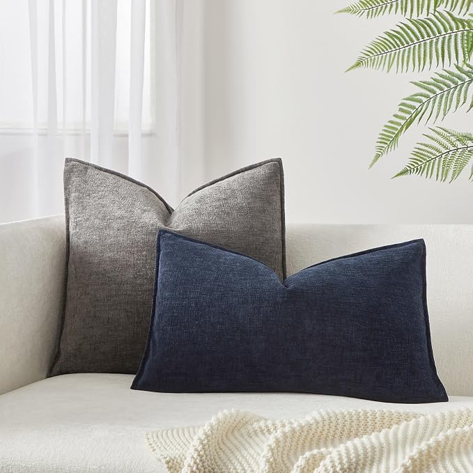 JUSPURBET Set of 2 Navy Blue Chenille Lumbar Throw Pillow Covers 16x24 Inch Soft Textured Decorative Cushion Cases for Couch Sofa Bed Solid Home Decor Pillowcases