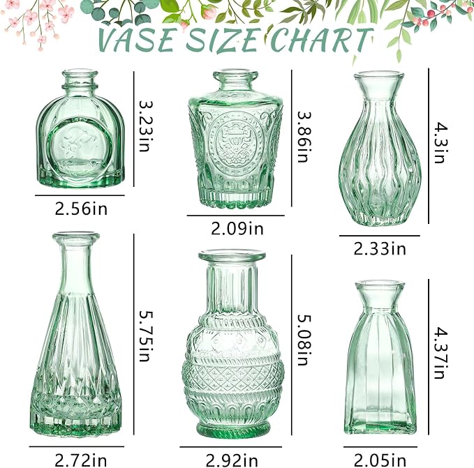 SUPMIND 6pcs Glass Bud Vase Bulk, Small Green Flower Vases for Centerpieces | Mini Vintage Vase Set of 6, Flower Vases Set for Table Centerpieces, Wedding, Home, Table Decoration