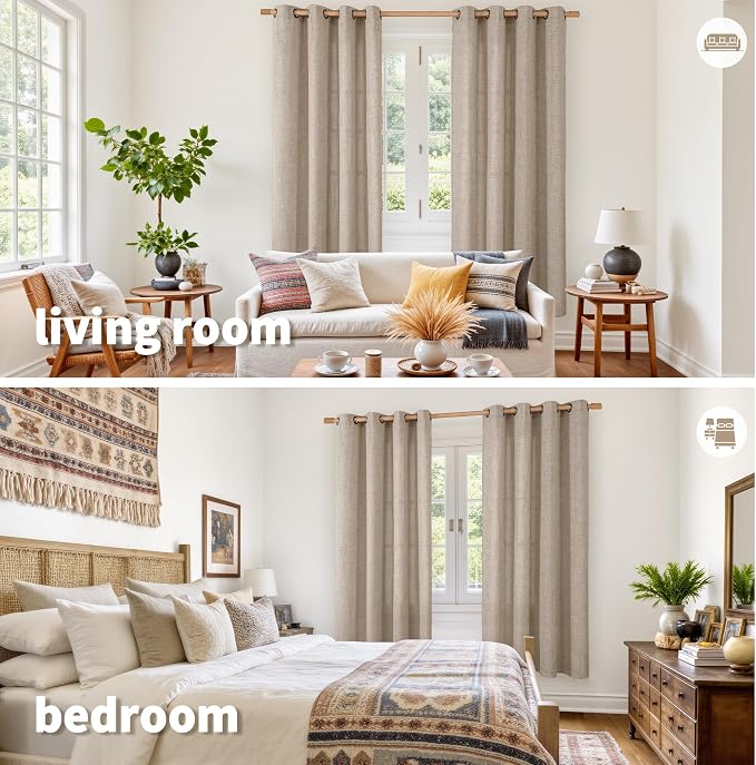 Oatmeal Linen Curtains 72 Inches Long 2 Panels Set for Bedroom Farmhouse | Semi Sheer Drapes with Bronze Grommet Privacy Window Treatments for Living Room Light Filtering, 52 X 72 Inch