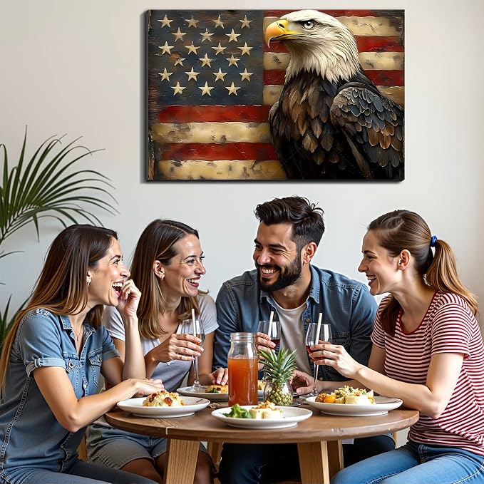 Framed Bald Eagle American Flag Wall Art, Patriotic USA Canvas Art Pictures, Vintage Eagle Wall Decor for Office Living Room Man Cave, Ready to Hang Made in USA