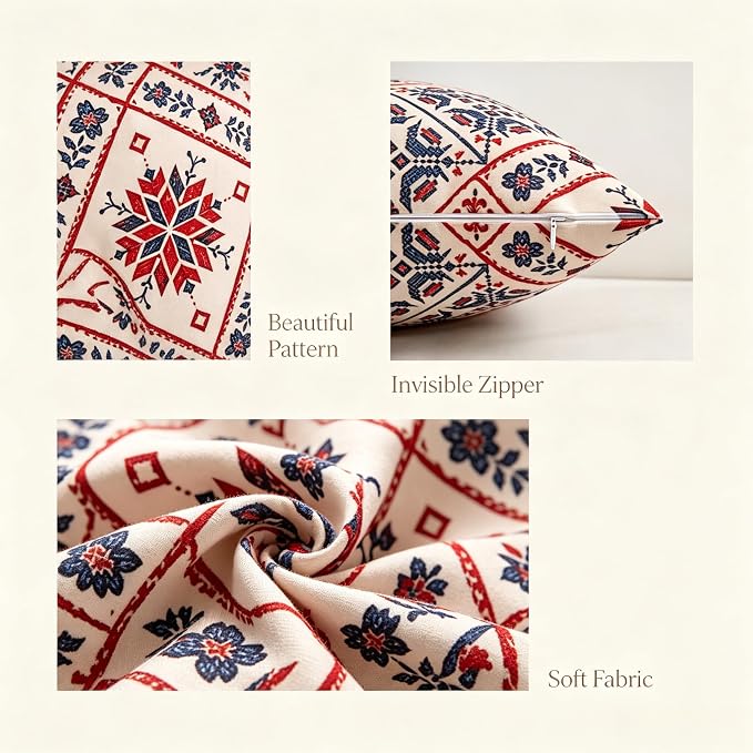 Boho Throw Pillow Covers 18x18 Set of 2 Red Blue Rustic Geometric Decorative Cushion Covers with Hidden Zipper, Soft Polyester Double Sided Machine Washable, No Insert