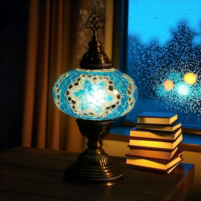 Turkish Mosaic Table Lamp with Bulb – Handmade Turquoise Blue Stained Glass Bedside Light, Authentic Vintage Boho Decor with E12 Socket & US Plug