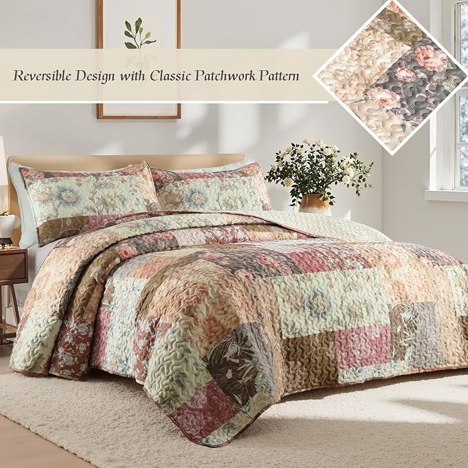 Whale Flotilla Patchwork Quilts Twin Size, Extra Soft Floral Bedspreads | Vintage Red Flowers Reversible Lightweight Twin Quilt Bedding Set for Bed, Printed Coverlet with Pillow Sham for All Seasons