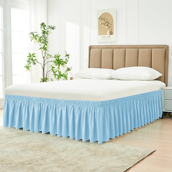 Wrap Around Bed Skirt Full Size 15" Drop-Elastic Dust Ruffle Light Blue | Adjustable Pleated Bedskirt-Easy Fit Wrinkle Resistant Washable Bed Skirting-Hotel Studio Apartment Home Guest Bedroom Rental