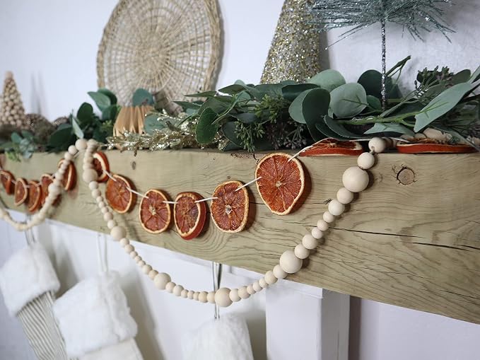 7ft Wood Bead Garland Farmhouse Home Decor Rustic Country Natural Holiday Christmas Tree Boho Decorations Mantel Wall Hanging Prayer Beads