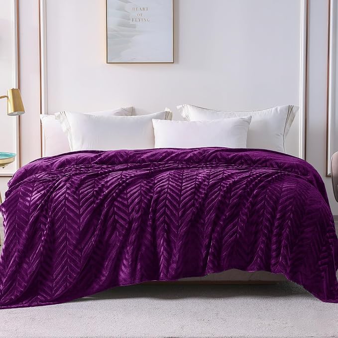 Whale Flotilla Flannel Fleece Bed Blanket Twin XL Size, Purple | Lightweight Breathable Soft Bedspread, Plush Fluffy Coverlet Chevron Design Decorative Blanket for All Season, 90x66 Inch