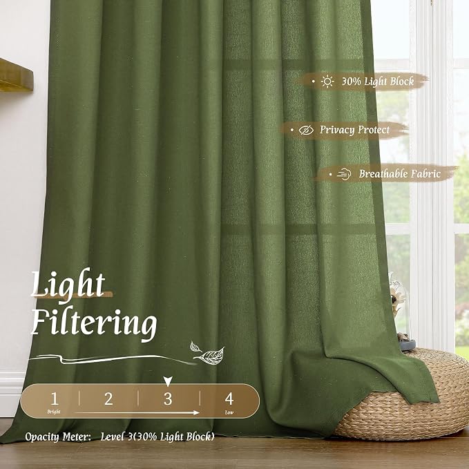 Olive Green Semi Sheer Linen Curtains 72 Inch Length for Living Room | Light Filtering, Faux Linen Textured, Neutral, Christmas Panels for Farmhouse, Bedroom, Rod Pocket, 2 Panels, 52 x 72 Inch