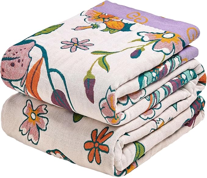 MSGKV Boho Throw Blanket 60"x80" 100% Cotton Floral Blanket for Bed Couch | Super Soft Muslin, Everyday Comfort, Breathable, Lightweight, Farmhouse Decor, Twin Size, All Seasons, Machine Washable
