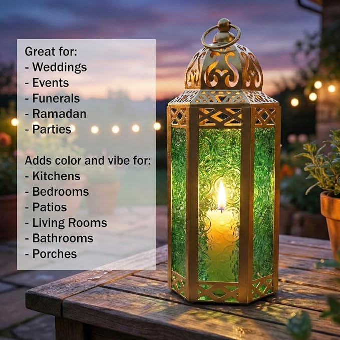 Vela Lanterns Decorative Indoor Moroccan Candle Holder, Gold Green, M | Ramadan Decorations for Home, Green Candle Lantern, Diwali Eid Table Centerpiece, Hanging Tealight Votive Pillar, 10.5in
