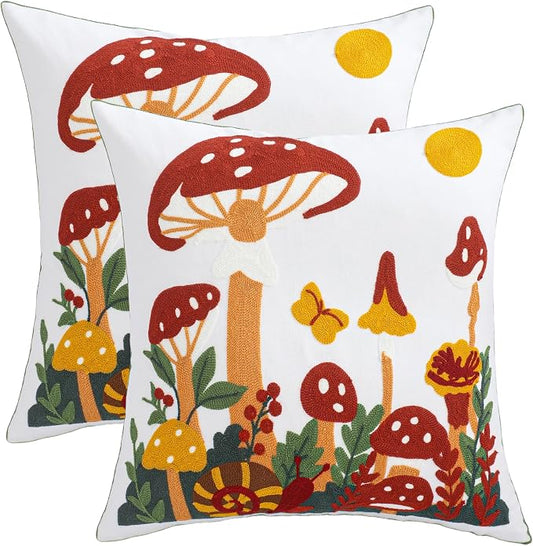 LUOYEHK Mushroom Pillow Covers 18x18 Inch Set of 2 Embroidered Throw Pillow Covers Decorative Pillow Cover Spring Summer Boho Cushion Pillowcase for Couch Sofa Bed Living Room, Mushroom Snail
