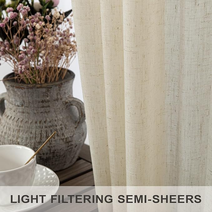 Birch Beige Linen Curtains 80 Inch Length for Living Room Light Filtering 2 Panels Semi Sheer Oatmeal Curtain Back Tab Modern Farmhouse Decor Cotton Textured Gauze Drape for Doorway Closet Door 52x80