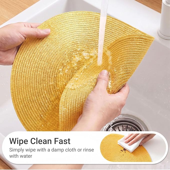 FunWheat Round Braided Placemats Set of 8 Place Mats for Dining Table Woven Washable Non-Slip Table Mats 15 Inch(Yellow,8pcs)