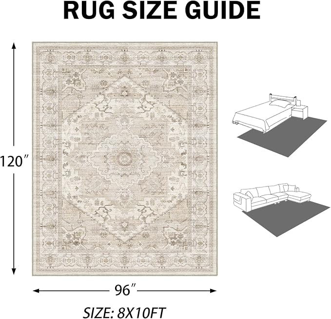 AooHHooA Washable Area Rug 8x10 Soft Stain Resistant Boho Vintage Rugs with Non Slip Backing, Low Pile Lightweight Large Rug for Living Room Bedroom Dining Room