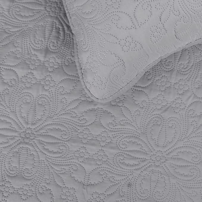 Easy-Going Reversible Quilt Set King, Bedspread with 2 Shams | Damask-Light Gray/Ivory, Lightweight Microfiber Bed Comforter, 1 Quilt + 2 Pillow Shams, All-Season Coverlets for Bedroom