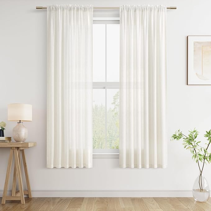 Linen Curtains 64 Inches Long for Living Room Natural Cream Semi Sheer Curtain Rod Pocket 2 Panels Set Boho Farmhouse Light Filtering Window Drapes for Bedroom Beige Ivory 52x64
