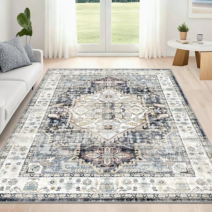 AooHHooA 5x7 Area Rugs Light Blue Boho Living Room Rug, Low Pile Non-Slip Washable Rugs for Living Room 5x7 Vintage Blue Rugs for Bedroom
