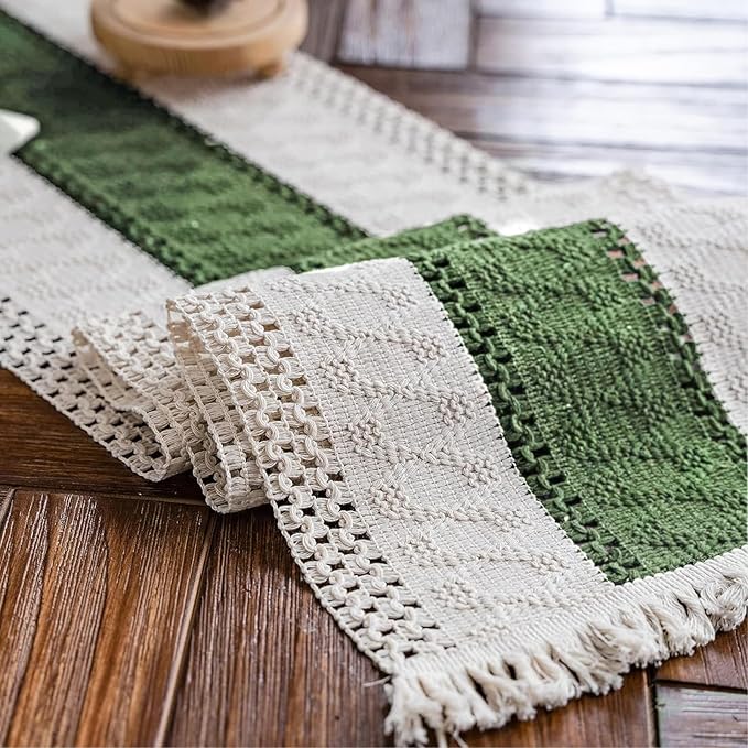 Macrame Table Runner Beige and Green Boho Runners with Tassels 12x95in | Alynsehom Hand Woven Cotton Table Runner Rustic Farmhouse Table Runners for Bohemian Kitchen Dining Table